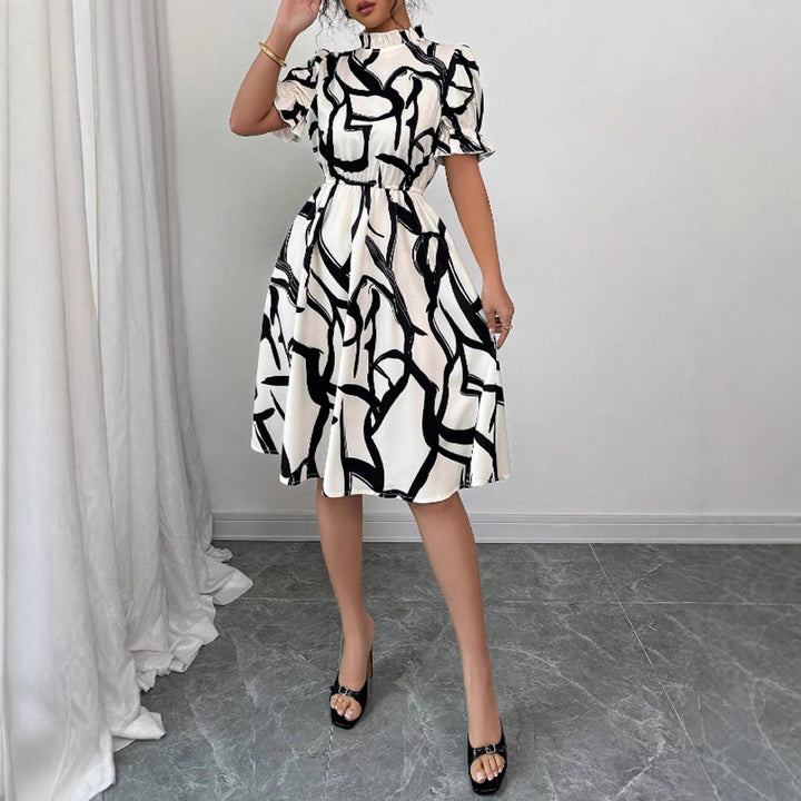 Damen Elegantes Midi-Kleid mit modischem Pflanzenmuster und Gummizug in der Taille Drune