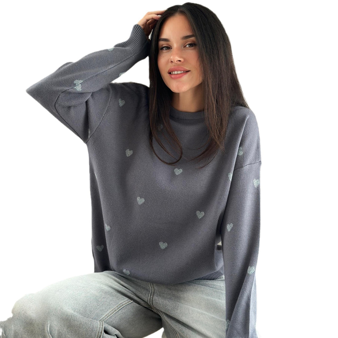 Damen herbstlicher Strickpullover mit Herzenmuster und komfortablem Schnitt Drune