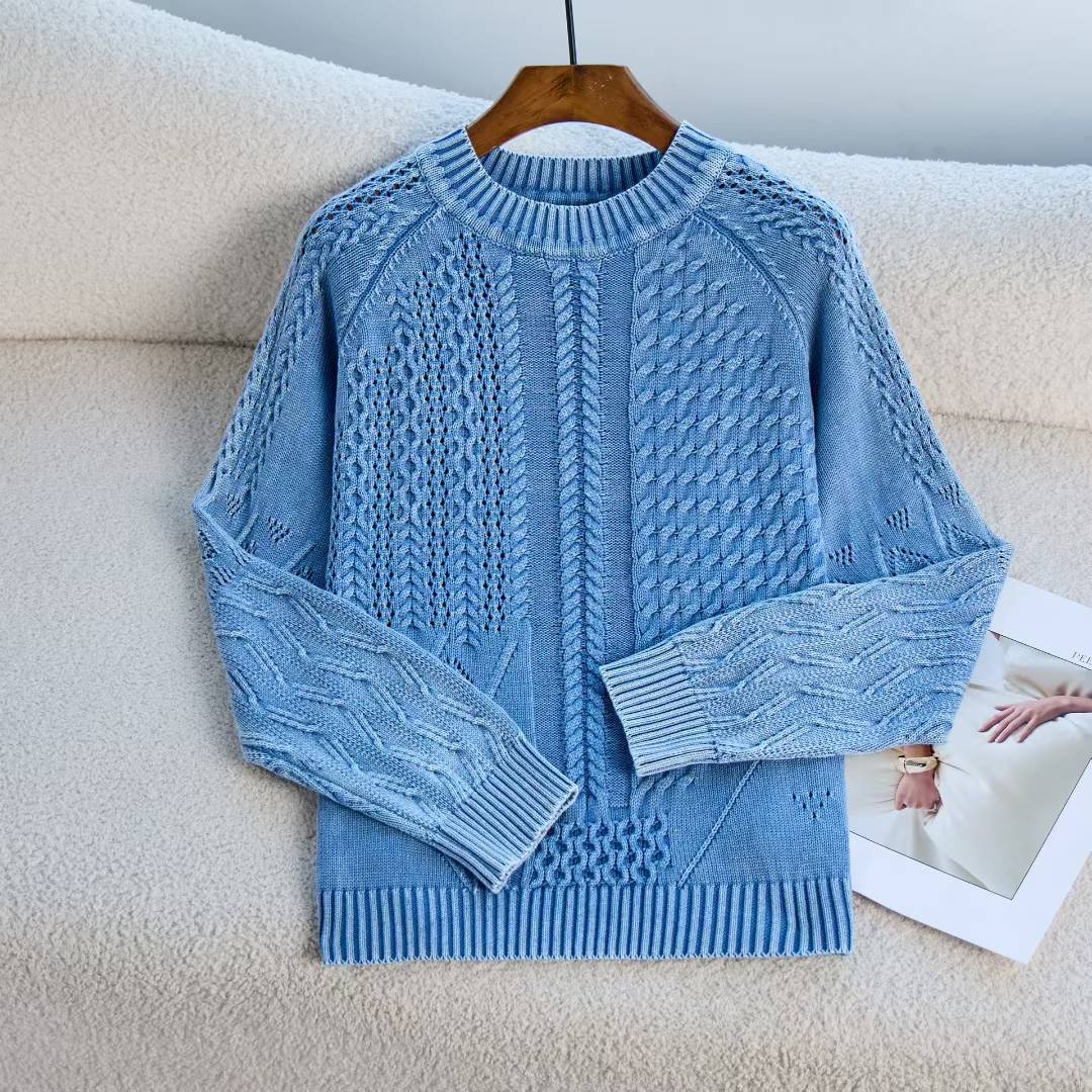 Damen modischer Pullover mit strukturiertem Zopf-Design und Rundhalsausschnitt Drune