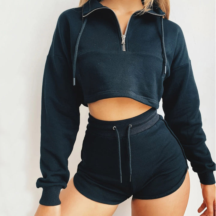 Damen nan kurz geschnittenes Kapuzenpullover-Set mit bauchfreiem Schnitt und elastischen Sweatshorts Drune