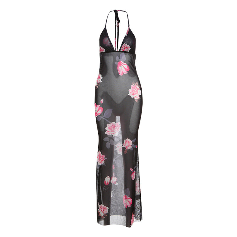 Damen Maxi Strandkleid mit floralem Mesh-Design und tiefem V-Ausschnitt Drune