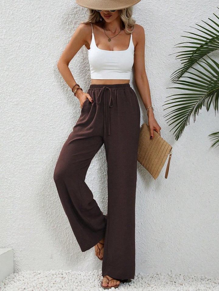 Damen elegante weite Hose aus leichtem Baumwollgemisch mit Gummizug Drune