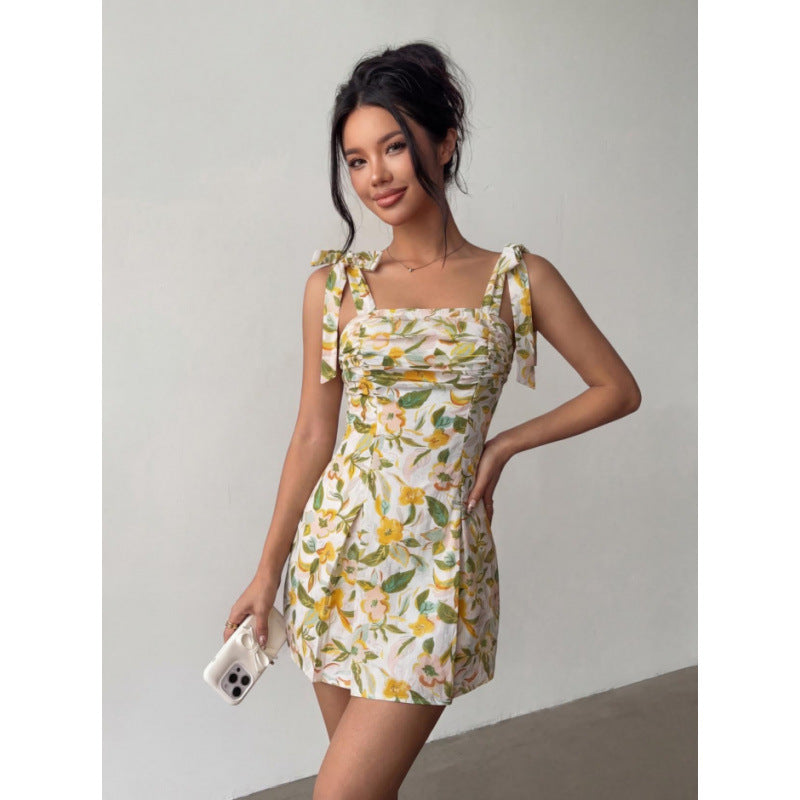 Damen Minikleid mit ärmellosen Bindeschultern und floralem Design Drune