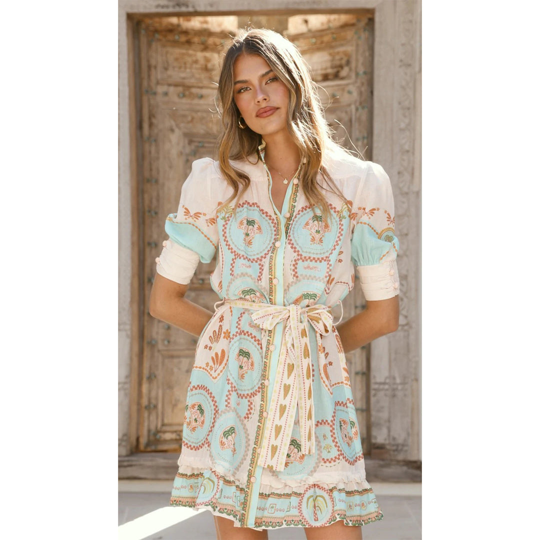 Damen Kurzarmkleid mit dekorativer Knopfleiste und verspieltem Volant Drune