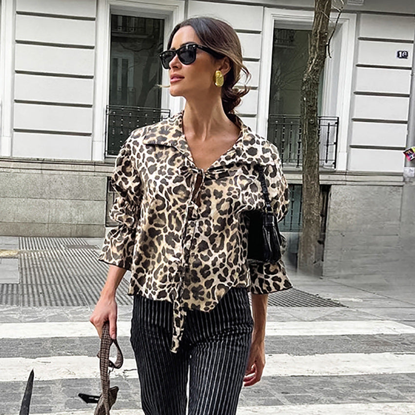 Damen Modische Bluse mit Leopardenmuster und Rüschenärmeln Drune