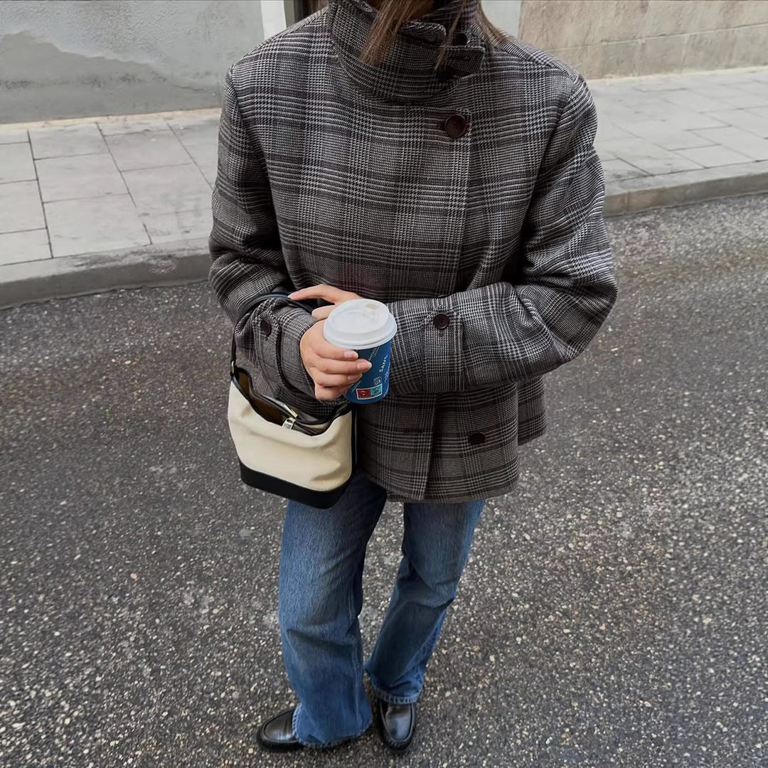 Damen Kariertes Oversized-Jacke mit hohem Kragen Drune