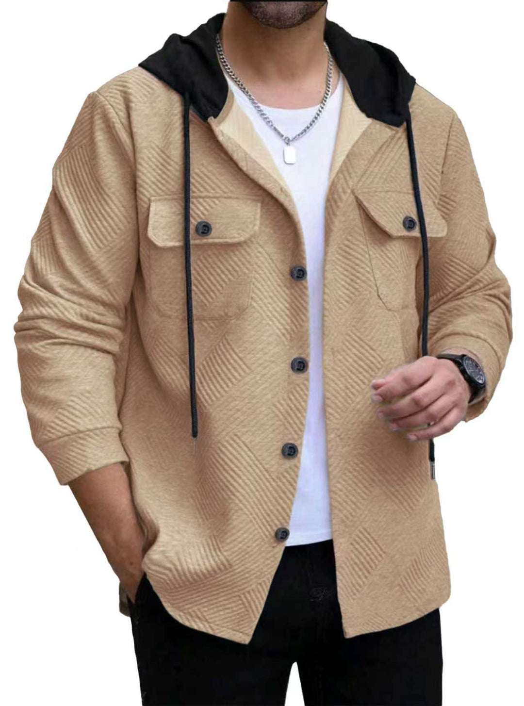 Herren nan strukturierte Overshirtjacke mit gesteppter Diagonalstruktur, Kontrastkapuze und aufgesetzten Brustklappen Drune