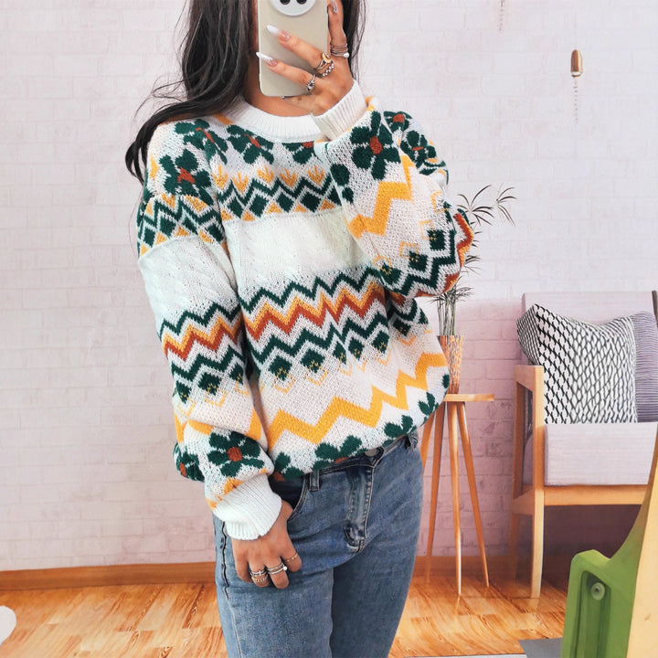 Damen Grobstrickpullover mit buntem Zickzackmuster und floralen Akzenten Drune