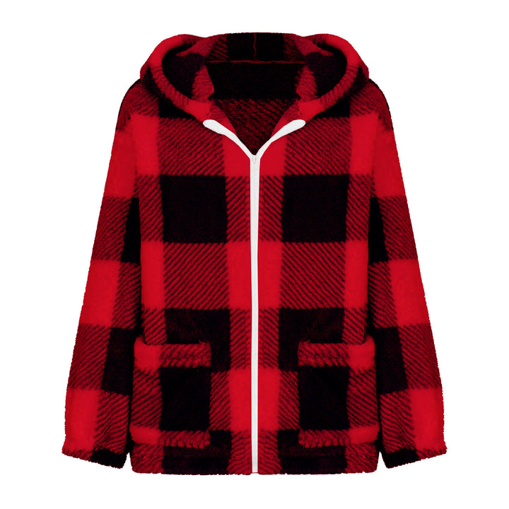 Damen nan dicke Karo-Teddyjacke mit Kapuze, Frontreißverschluss und aufgesetzten Taschen Drune