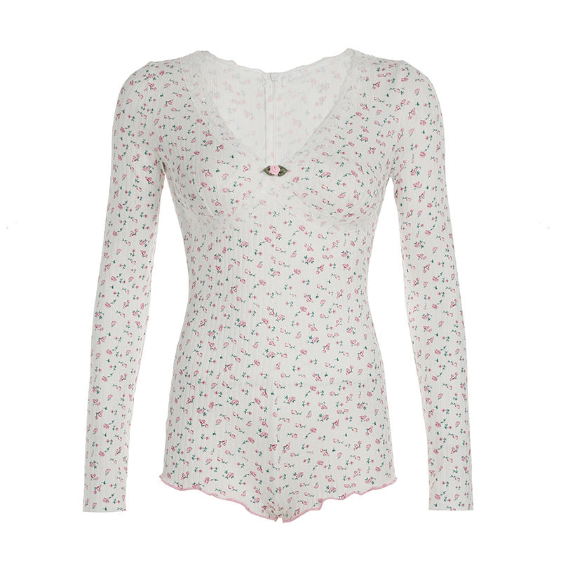 Damen Schlafbody mit zartem Blumenmuster und eleganter Spitzenverzierung Drune
