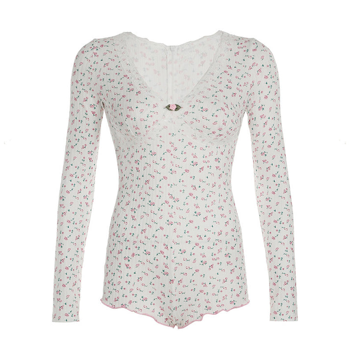 Damen Schlafbody mit zartem Blumenmuster und eleganter Spitzenverzierung Drune
