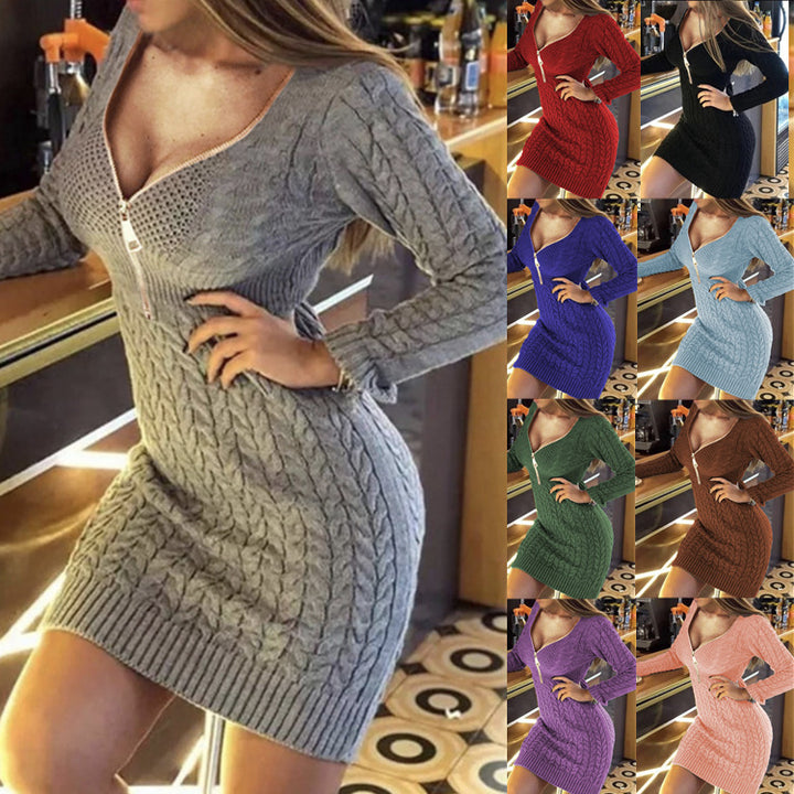 Damen Strickkleid mit engem Schnitt und dekorativer Reißverschlussdetails Drune