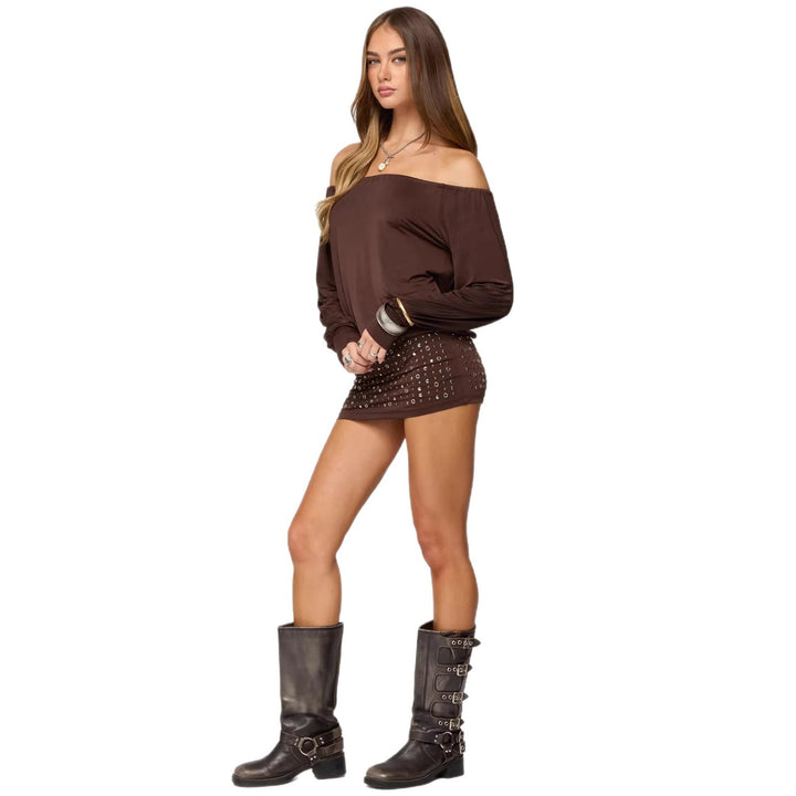 Damen Off-Shoulder Top mit eleganten langen Ärmeln und figurbetontem Rock Drune