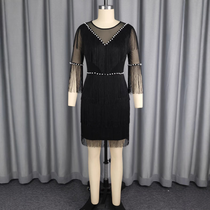 Damen Fransenkleid mit transparenten Ärmeln und Perlenakzenten Drune