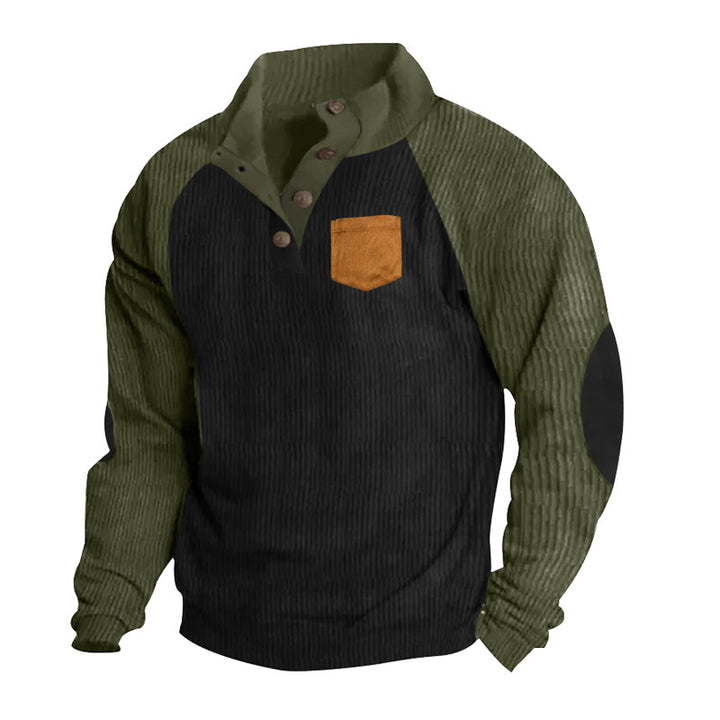 Herren nan strukturierter Halbknopf-Strickpullover im Cord-Look mit Raglanärmeln, aufgesetzter Brusttasche und Ellenbogenpatches Drune
