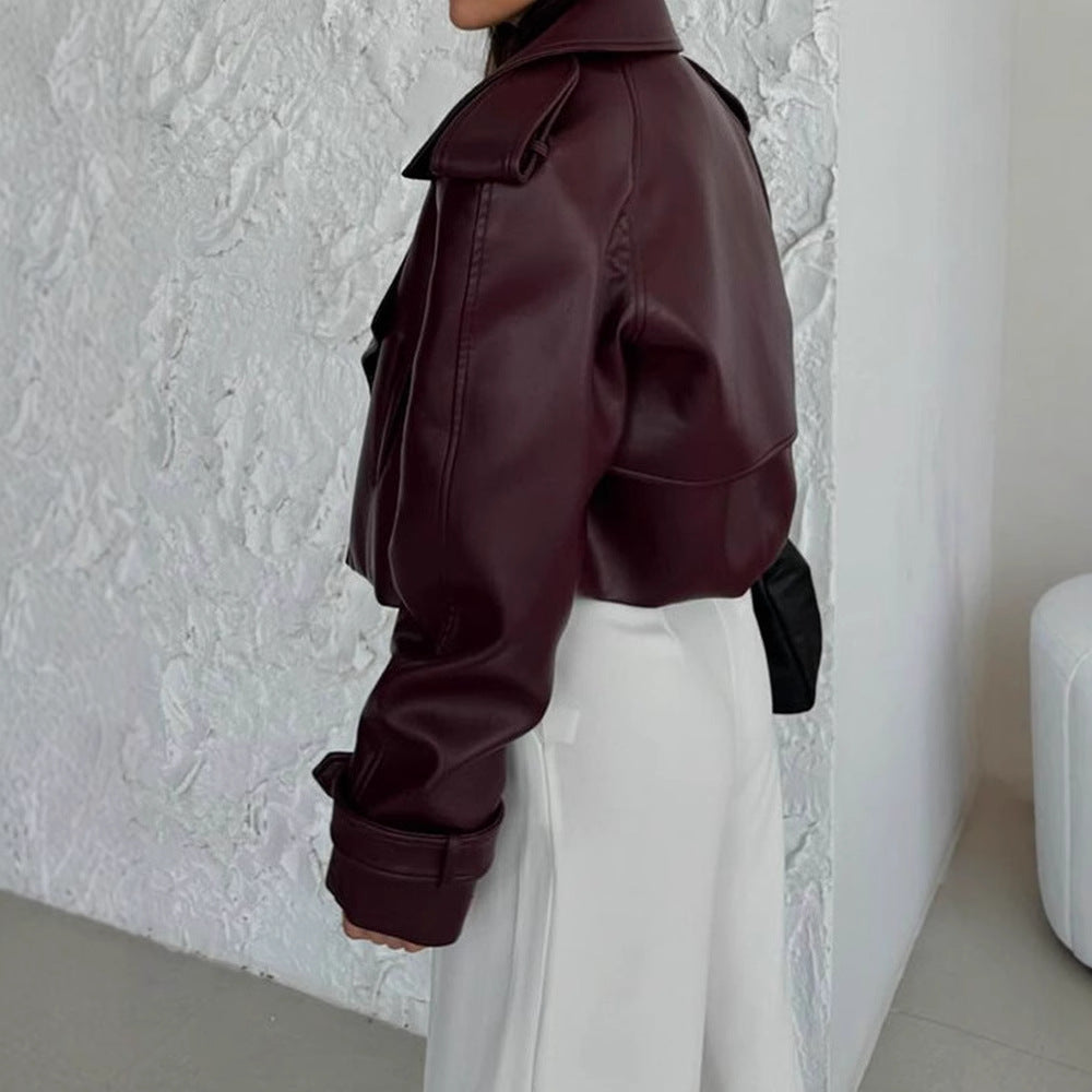 Damen modische Kunstlederjacke mit oversized Schnitt und breitem Kragen Drune