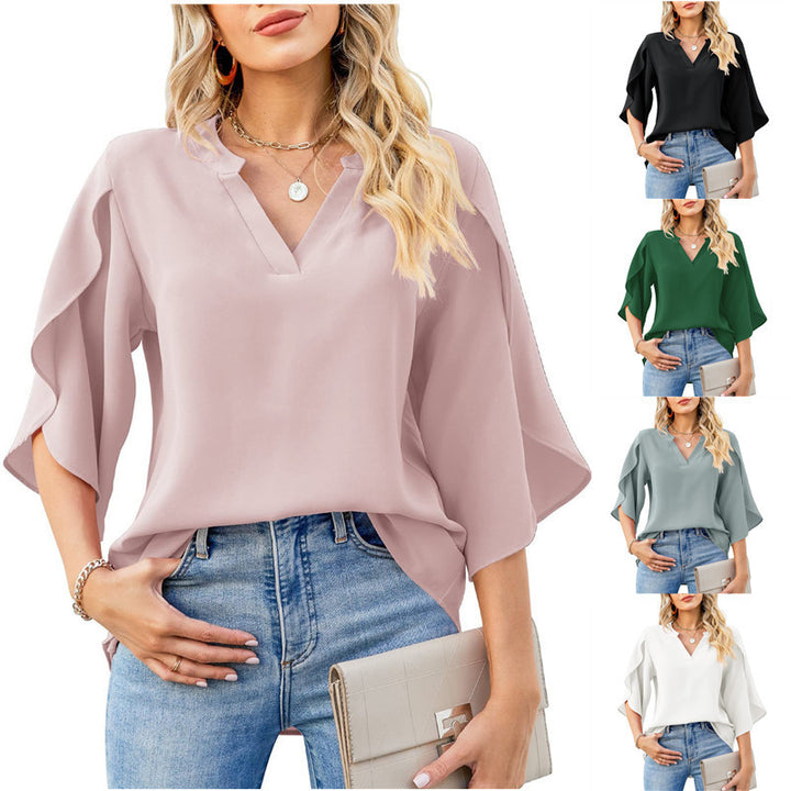 Damen Bequeme Bluse mit weiten Ärmeln und V-Ausschnitt Drune