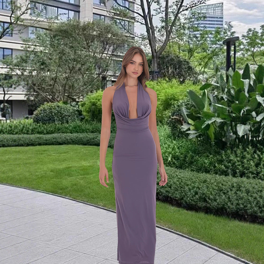 Damen Langarm-Elegant Kleid mit tiefem V-Ausschnitt und fließendem Saum Drune