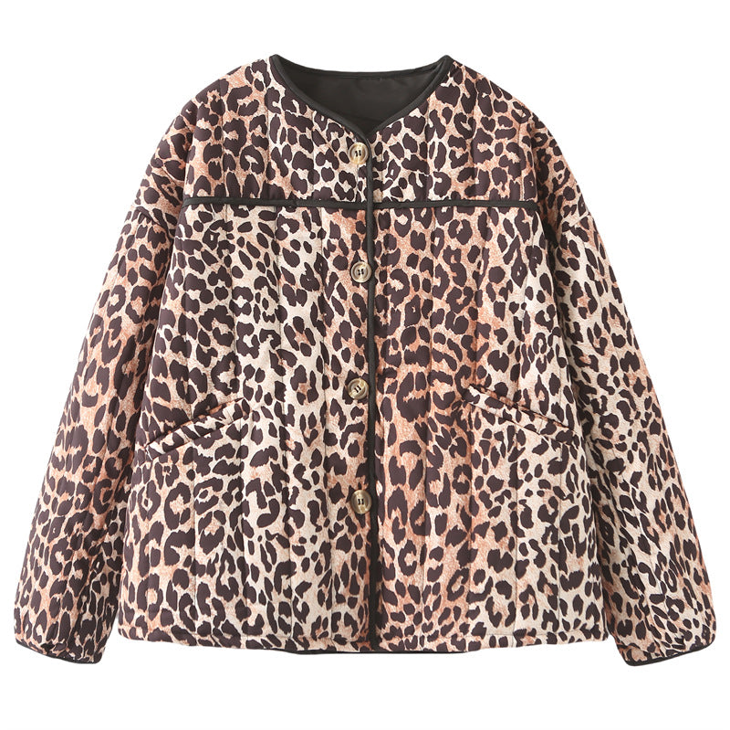 Damen gesteppte Jacke mit Leopardenmuster und praktischen Taschen Drune