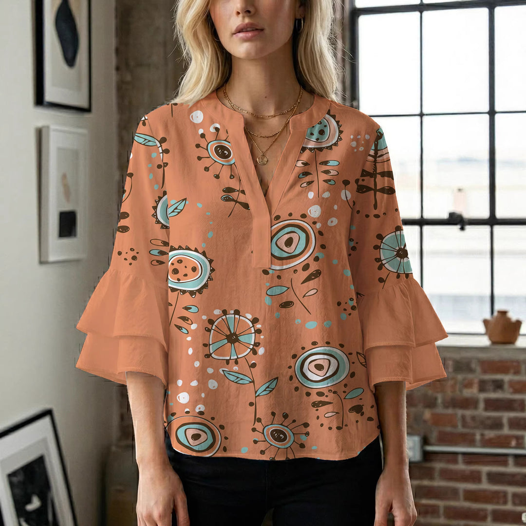 Damen modisches Oberteil mit Rüschendetails und kreativem Muster Drune