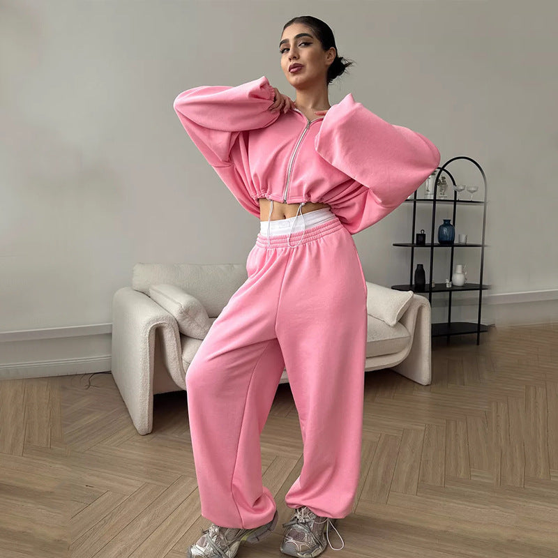Damen nan cropped Reißverschluss-Hoodie mit Tunnelzugsaum und weitem Sweatpants-Schnitt Drune