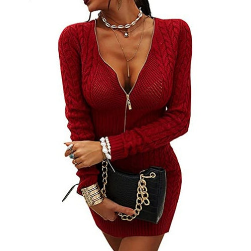 Damen Strickkleid mit tiefem V-Ausschnitt und Reißverschluss Drune