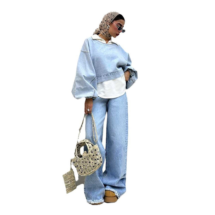 Damen Oversized Denim-Look Pullover mit voluminösen Ärmeln Drune
