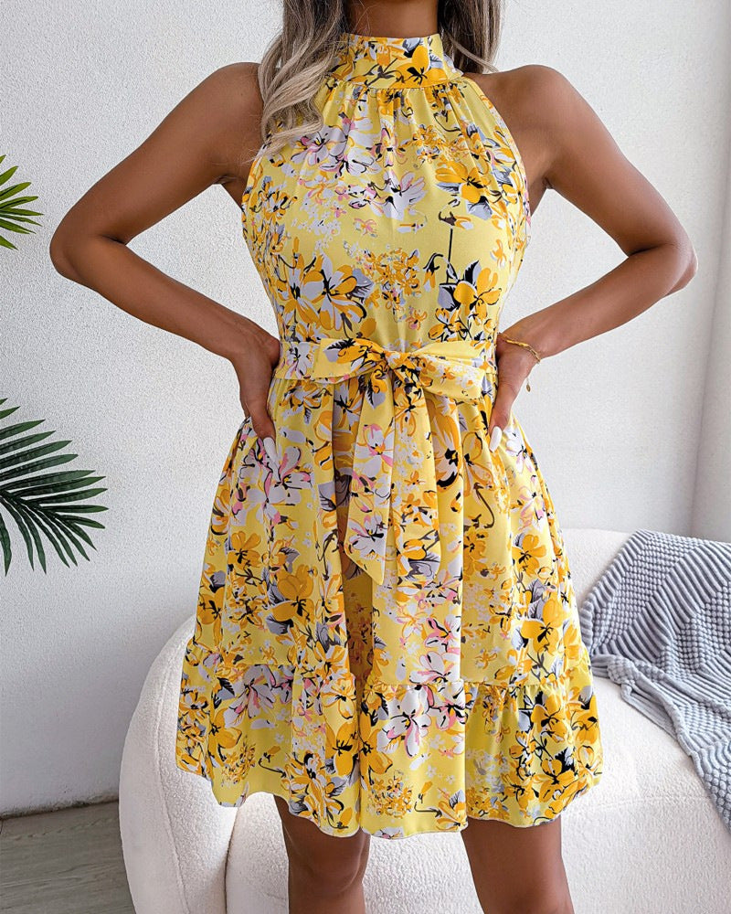 Damen Blumendesign Halterkleid mit verspieltem Rock Drune