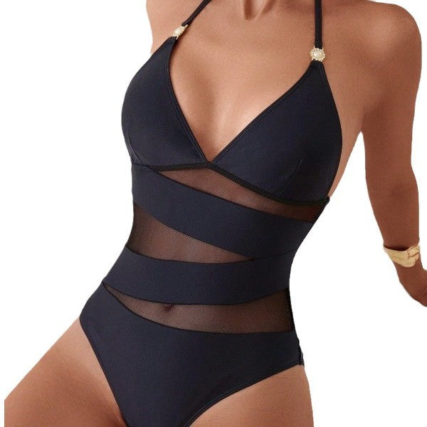 Damen Eleganter Badeanzug mit transparenten Mesh-Einsätzen Drune