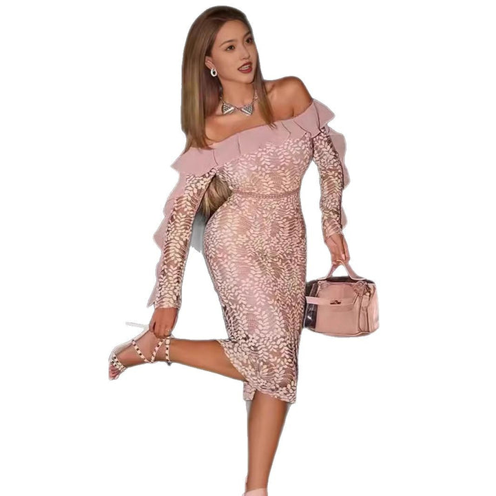 Damen Off-Shoulder Spitzenkleid mit Rüschendetails und figurbetontem Schnitt Drune