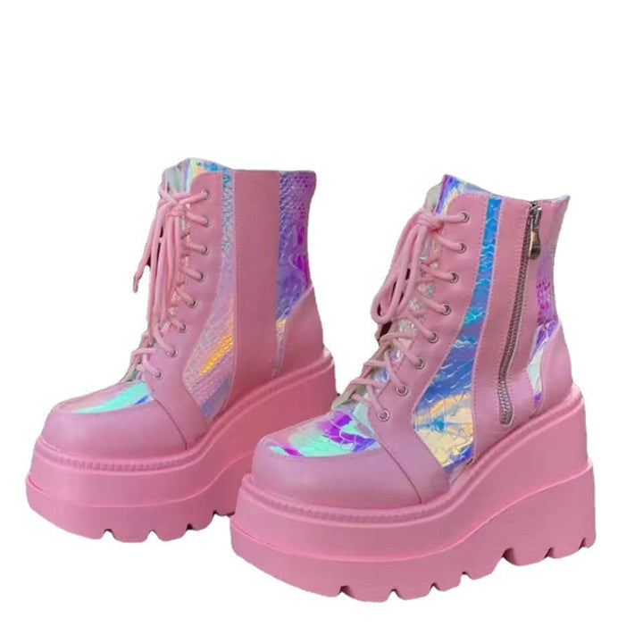 Damen Hochformatige Plateau-Schnürstiefel mit Kunstleder und reflektierenden Akzenten Drune