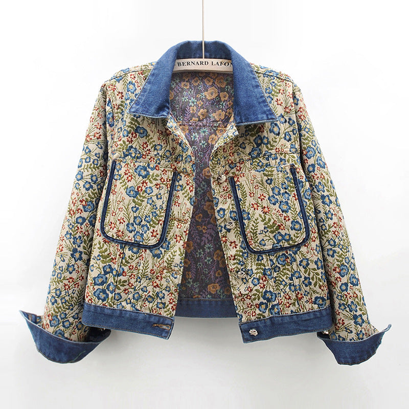 Damen Blumenmuster Denimjacke mit aufgesetzten Taschen und Kragen Drune