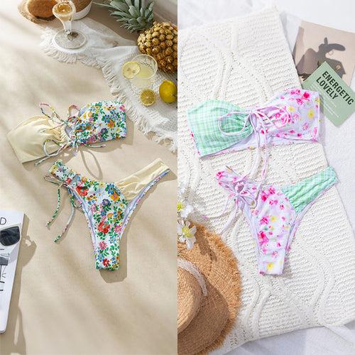Damen Fröhlicher Blumendruck Bikini Drune