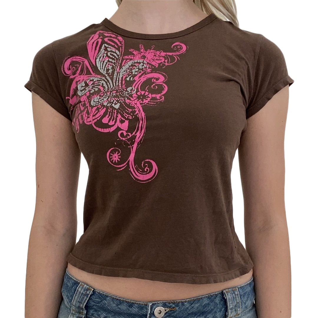Damen lässiges Grafik-Crop-Top mit Rundhals-Ausschnitt Drune