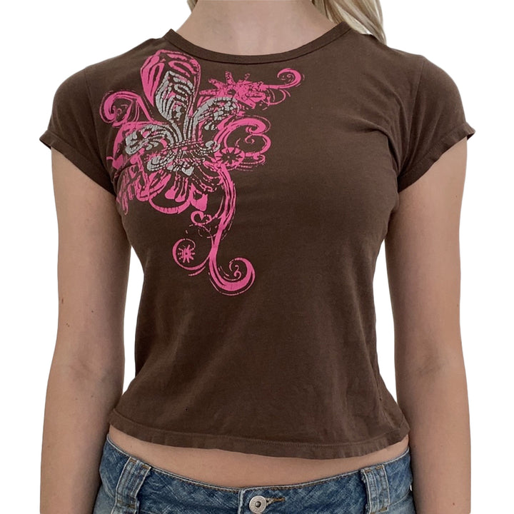 Damen lässiges Grafik-Crop-Top mit Rundhals-Ausschnitt Drune