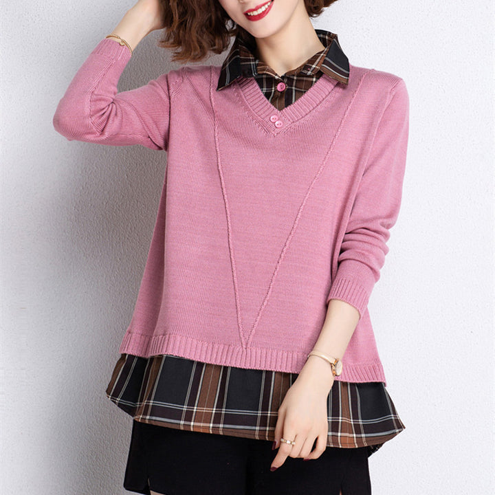 Damen Layered Strickpullover mit V-Ausschnitt und trendy Hemdbluse Drune
