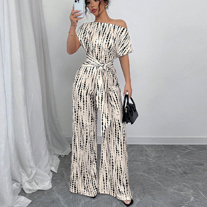 Damen Eleganter Jumpsuit mit asymmetrischem Ausschnitt und floralen Rüschen Drune