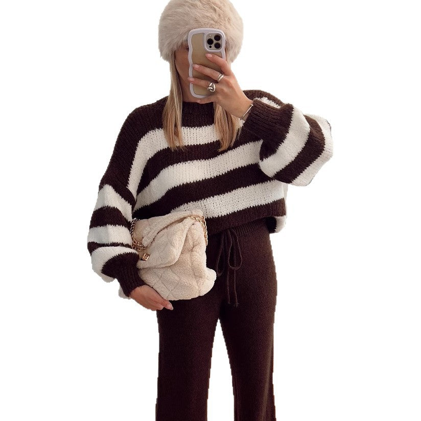 Damen Kuscheliger Cropped-Pullover mit breiten Streifen und hohem Kragen Drune