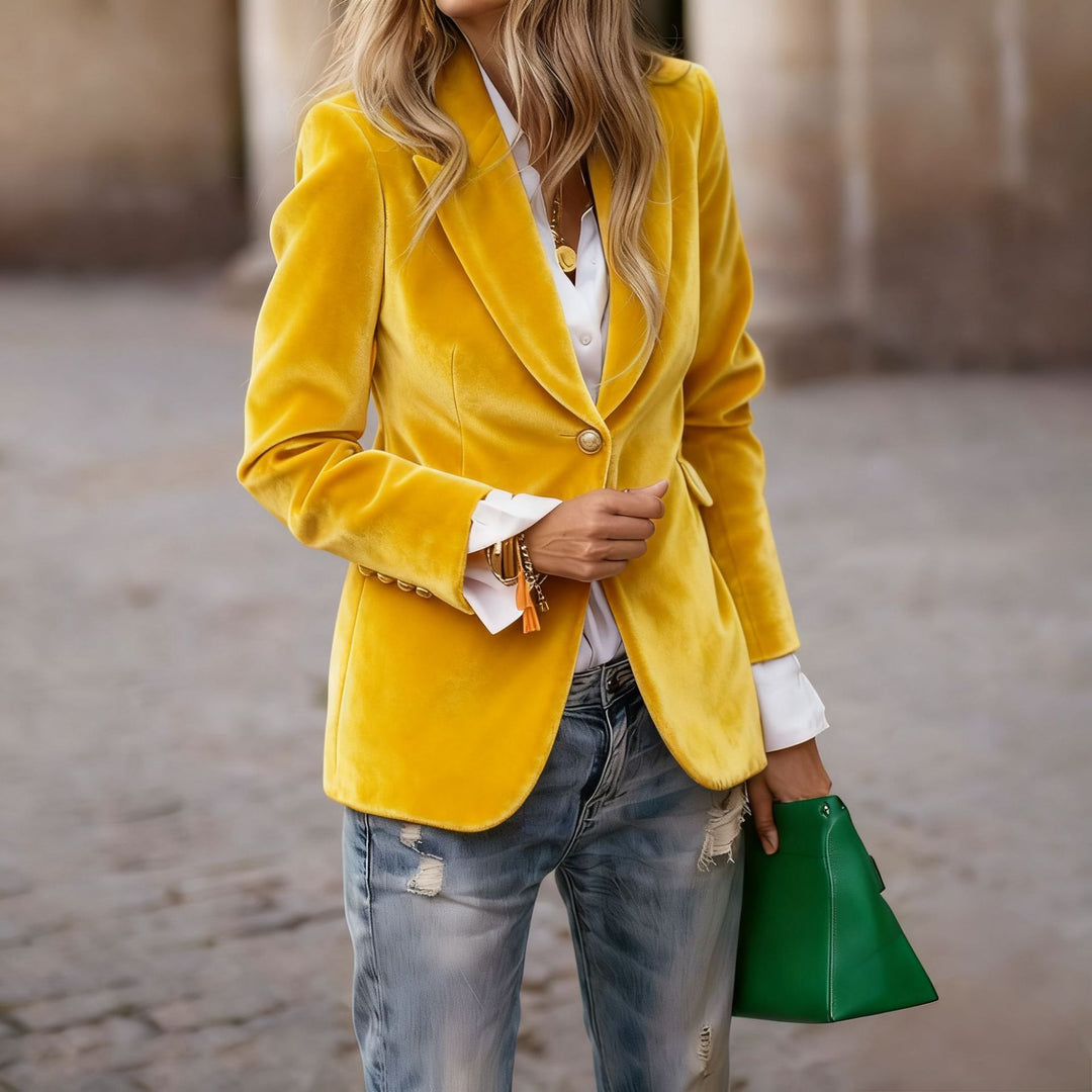 Damen nan taillierter Samtblazer mit Reverskragen und goldfarbenen Zierknöpfen Drune