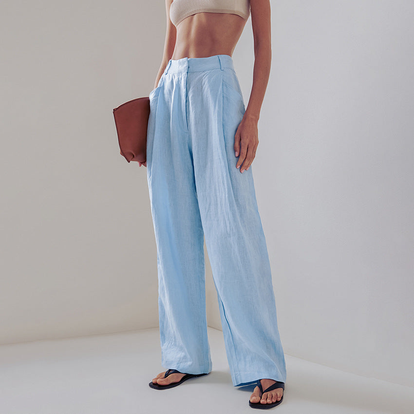 Damen lässige Leinen-Hosenanzug mit übergroßer Hemdbluse und geradem Bein Drune