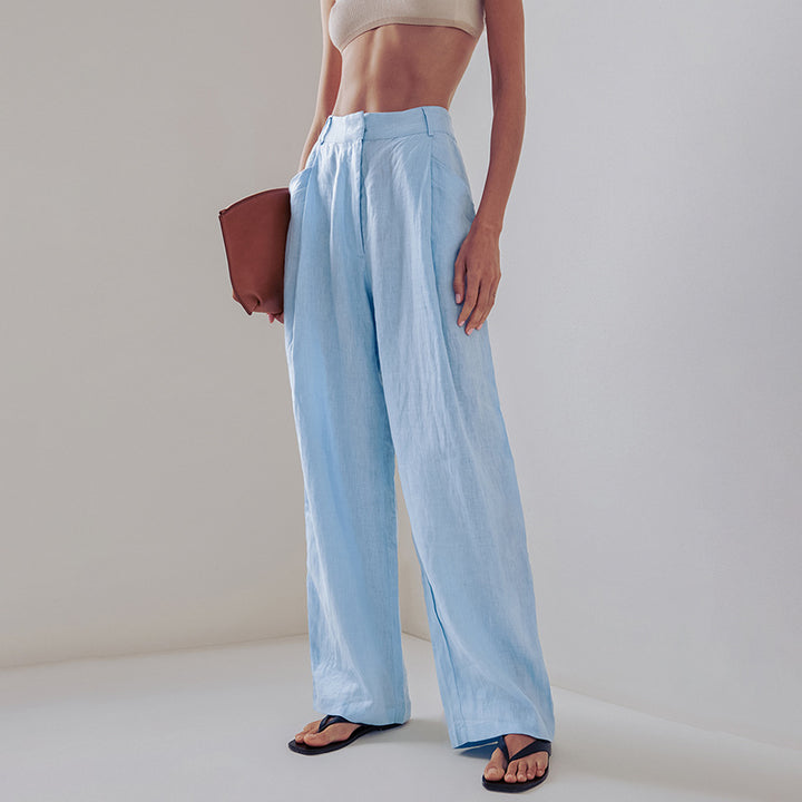 Damen lässige Leinen-Hosenanzug mit übergroßer Hemdbluse und geradem Bein Drune