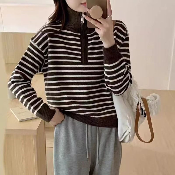 Damen lässiger Pullover mit Reißverschluss und Streifenmuster Drune
