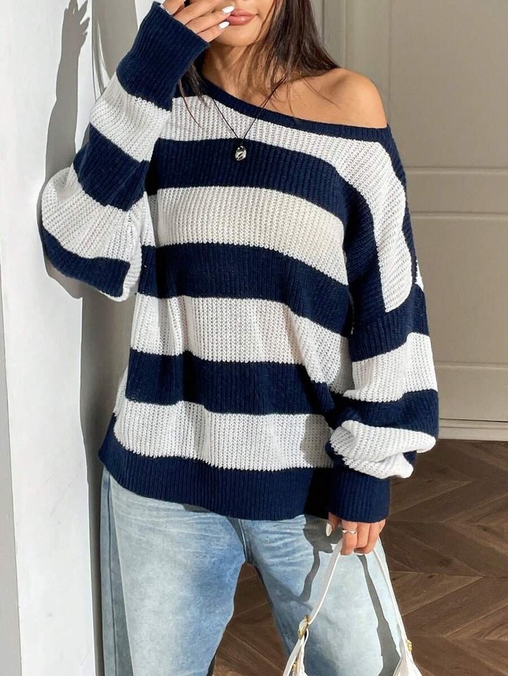 Damen Großer Strickpullover mit lässigem Blockstreifenmuster und weit geschnittenem Rundhalsausschnitt Drune