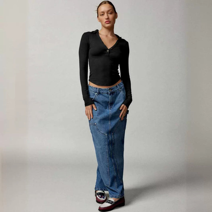 Damen Langarmshirt mit modischem Kragen und Knopfleiste Drune
