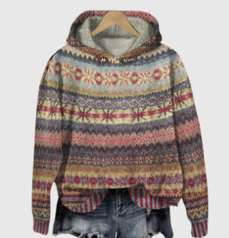 Damen nan oversized Strickkapuzenpullover mit Norwegermuster, gefütterter Kapuze und gerippten Bündchen Drune
