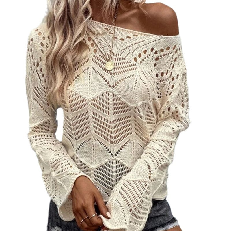 Damen Strickpullover mit filigranem Lochmuster und weitem Ärmel Drune