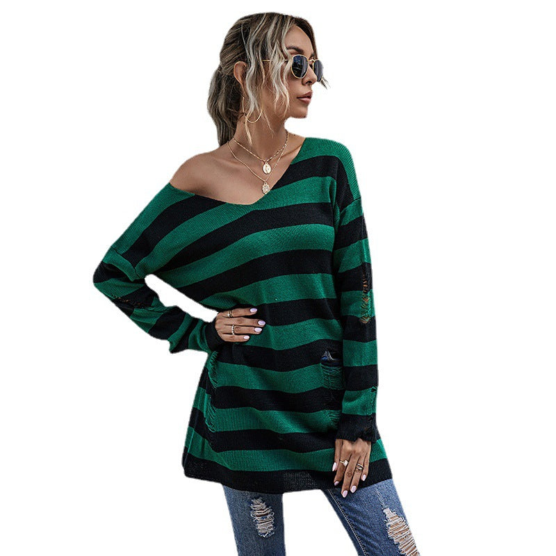 Damen Oversized Strickpullover mit tiefem V-Ausschnitt und modischem Streifenmuster Drune