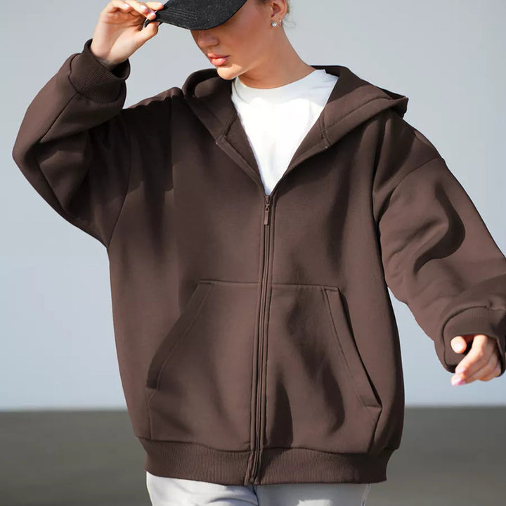 Damen weiche Zip-Hoodie-Jacke mit Kängurutaschen Drune