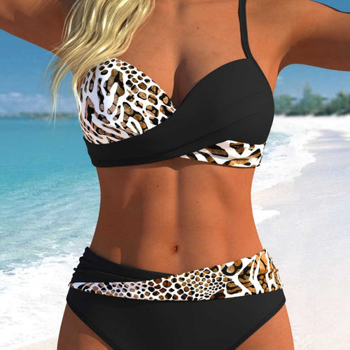 Damen Wickelbikini-Set mit animalischem Muster und hoher Taille Drune