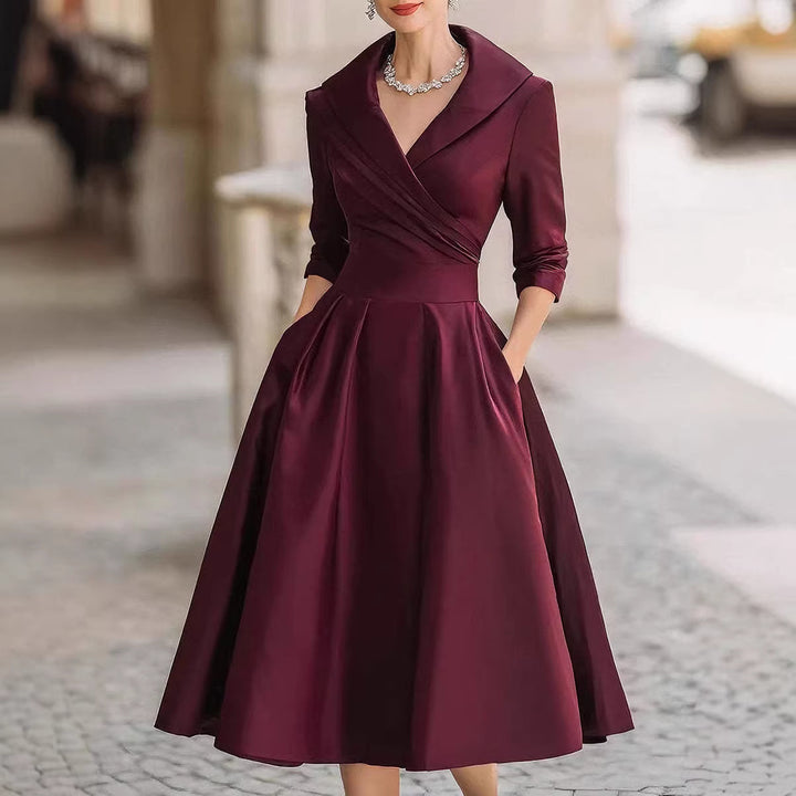 Damen nan elegantes Midikleid mit Wickeloberteil, Dreiviertelärmeln und Eingrifftaschen Drune